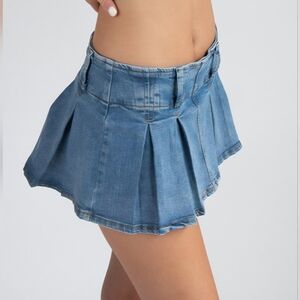 Y2K Low‎ Rise Denim Pleated Micro Mini Skort Skirt 5 Academia Blue Festival Rave